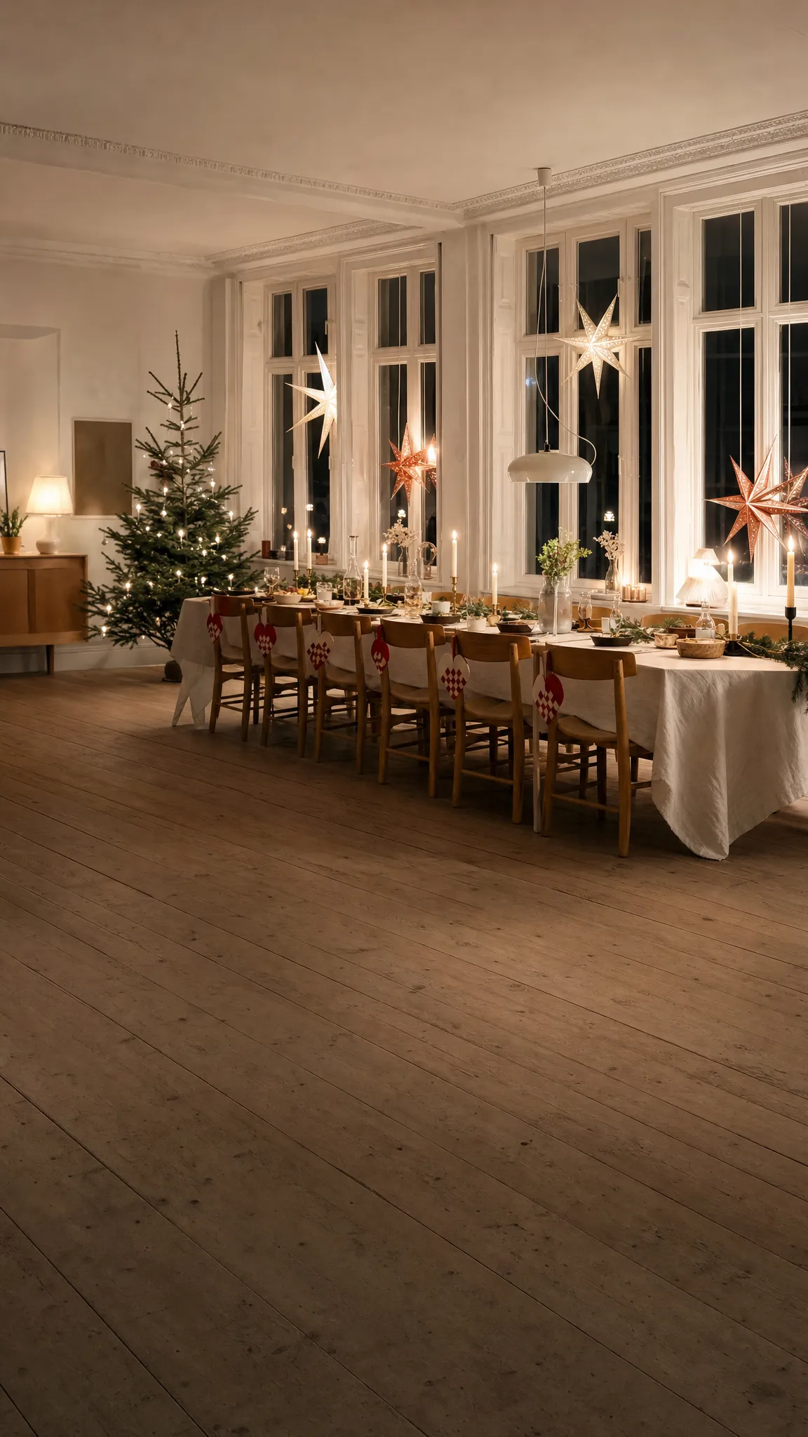 Kontor med langbord, levende lys, julehjerter og juletræ