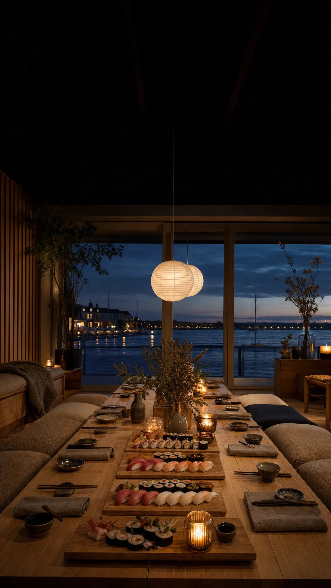 Restaurant ved havnen med et langt bord, sushi og papirlamper